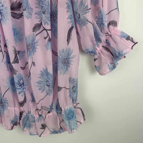 Womens Chiffon Floral Puff Sleeve Boat Tie Neck Romantic Pink/Blue Top Small - Picture 8 of 10
